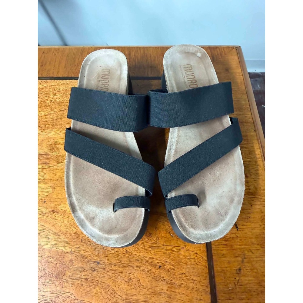 Munro Womens 9 Black Platform Sandals Slide Toe Loop Elastic Straps M511187
